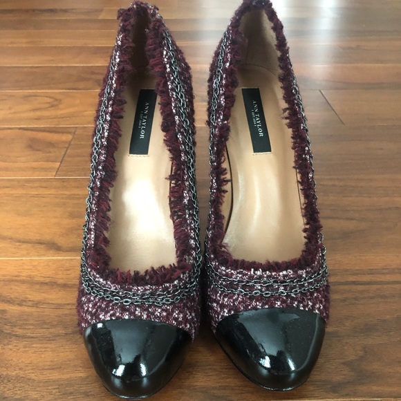 Ann Taylor Patent Leather Cap Toe Tweed Pumps - Picture 2 of 6